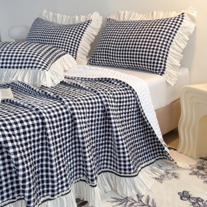 91家纺网 家纺一手货源 找家纺 （总）2025高克重加厚牛奶绒无印风格子床盖蕾丝花边织带花边宝宝绒婴儿绒简约风单床盖床褥全棉花边床单三件套