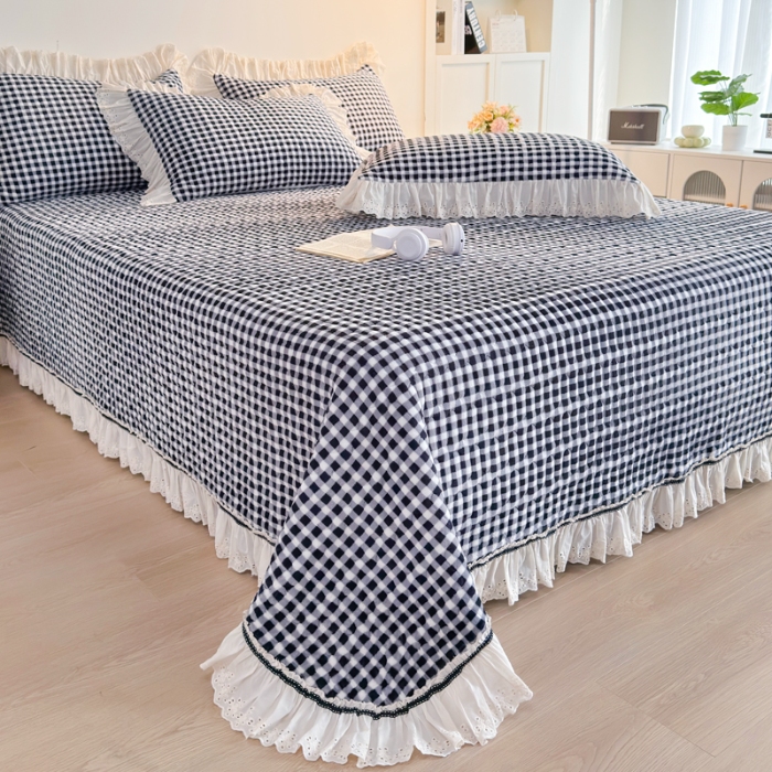 91家纺网 家纺一手货源 找家纺 （总）2025高克重加厚牛奶绒无印风格子床盖蕾丝花边织带花边宝宝绒婴儿绒简约风单床盖床褥全棉花边床单三件套