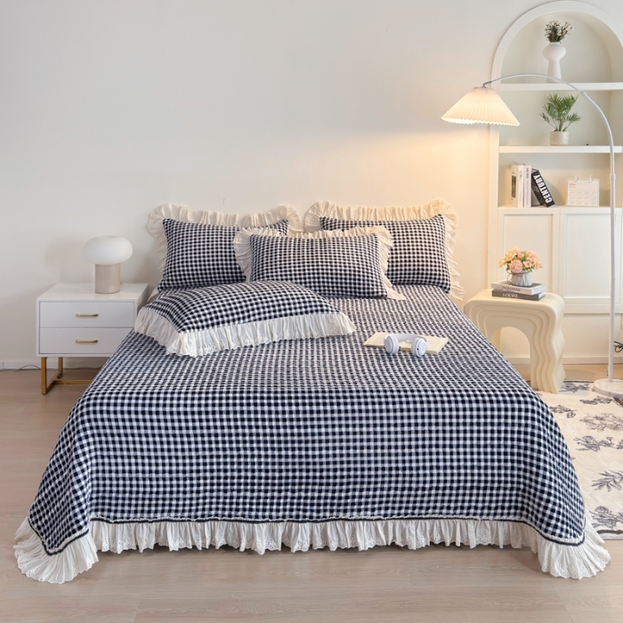 91家纺网 家纺一手货源 找家纺 （总）2025高克重加厚牛奶绒无印风格子床盖蕾丝花边织带花边宝宝绒婴儿绒简约风单床盖床褥全棉花边床单三件套