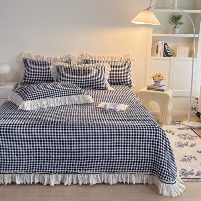 91家纺网 家纺一手货源 找家纺 （总）2025高克重加厚牛奶绒无印风格子床盖蕾丝花边织带花边宝宝绒婴儿绒简约风单床盖床褥全棉花边床单三件套