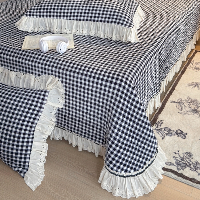 91家纺网 家纺一手货源 找家纺 （总）2025高克重加厚牛奶绒无印风格子床盖蕾丝花边织带花边宝宝绒婴儿绒简约风单床盖床褥全棉花边床单三件套