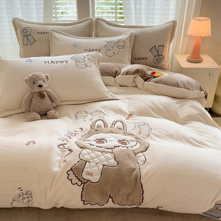 苏米娜家纺2025新款230g全消光大版卡通牛奶绒兔毛贴布绣花四件套可爱卡通男孩女孩法莱绒被套三件套 布林-浅咖 