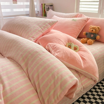 91家纺网 家纺一手货源 找家纺 （含买家秀）2025新款简约条纹牛奶绒四件套纯色冬季加厚保暖床单被套枕套双面可用床上用品