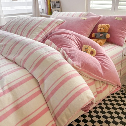 91家纺网 家纺一手货源 找家纺 （含买家秀）2025新款简约条纹牛奶绒四件套纯色冬季加厚保暖床单被套枕套双面可用床上用品