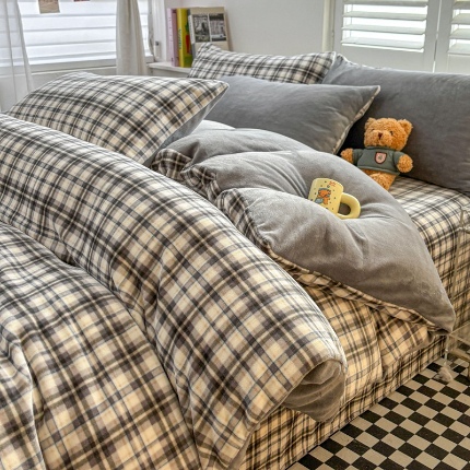 91家纺网 家纺一手货源 找家纺 （含买家秀）2025新款简约条纹牛奶绒四件套纯色冬季加厚保暖床单被套枕套双面可用床上用品