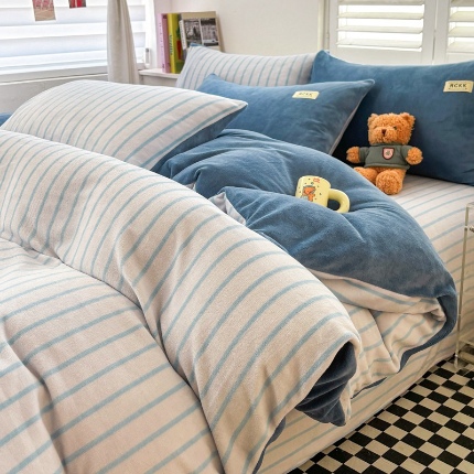 91家纺网 家纺一手货源 找家纺 （含买家秀）2025新款简约条纹牛奶绒四件套纯色冬季加厚保暖床单被套枕套双面可用床上用品