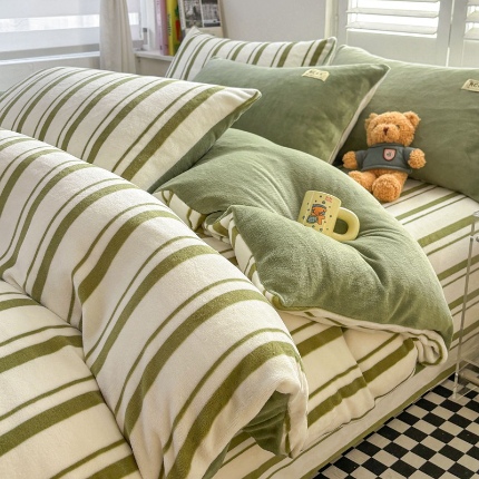 91家纺网 家纺一手货源 找家纺 （含买家秀）2025新款简约条纹牛奶绒四件套纯色冬季加厚保暖床单被套枕套双面可用床上用品