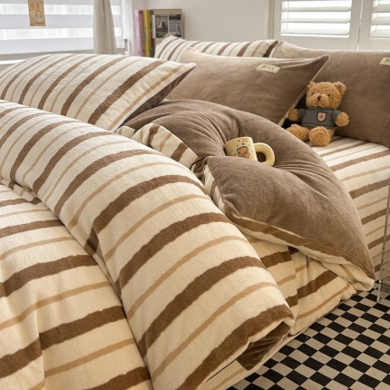 91家纺网 家纺一手货源 找家纺 （含买家秀）2025新款简约条纹牛奶绒四件套纯色冬季加厚保暖床单被套枕套双面可用床上用品