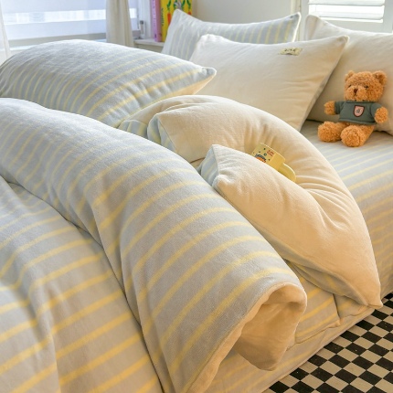 91家纺网 家纺一手货源 找家纺 （含买家秀）2025新款简约条纹牛奶绒四件套纯色冬季加厚保暖床单被套枕套双面可用床上用品