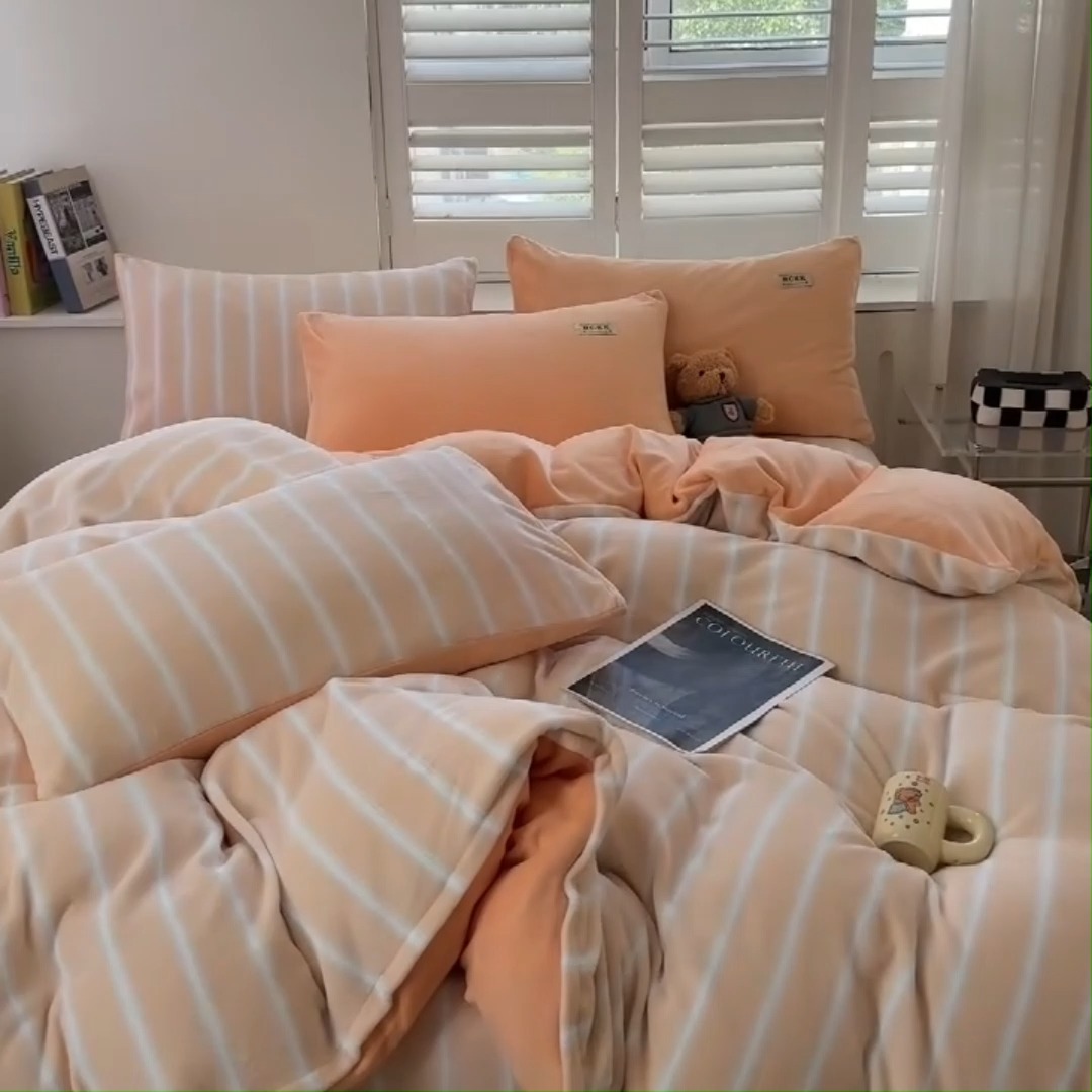 91家纺网 家纺一手货源 找家纺 （含买家秀）2025新款简约条纹牛奶绒四件套纯色冬季加厚保暖床单被套枕套双面可用床上用品
