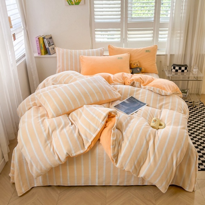 91家纺网 家纺一手货源 找家纺 （含买家秀）2025新款简约条纹牛奶绒四件套纯色冬季加厚保暖床单被套枕套双面可用床上用品