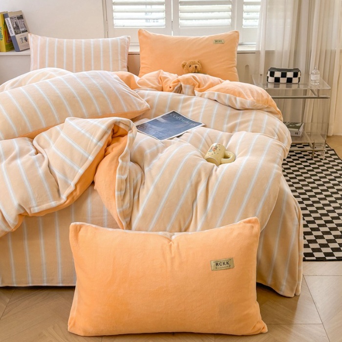 91家纺网 家纺一手货源 找家纺 （含买家秀）2025新款简约条纹牛奶绒四件套纯色冬季加厚保暖床单被套枕套双面可用床上用品