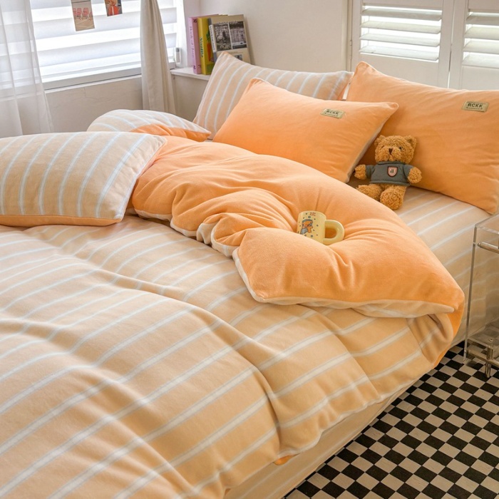 91家纺网 家纺一手货源 找家纺 （含买家秀）2025新款简约条纹牛奶绒四件套纯色冬季加厚保暖床单被套枕套双面可用床上用品