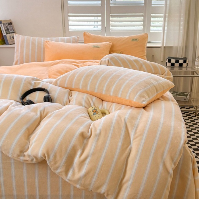 91家纺网 家纺一手货源 找家纺 （含买家秀）2025新款简约条纹牛奶绒四件套纯色冬季加厚保暖床单被套枕套双面可用床上用品