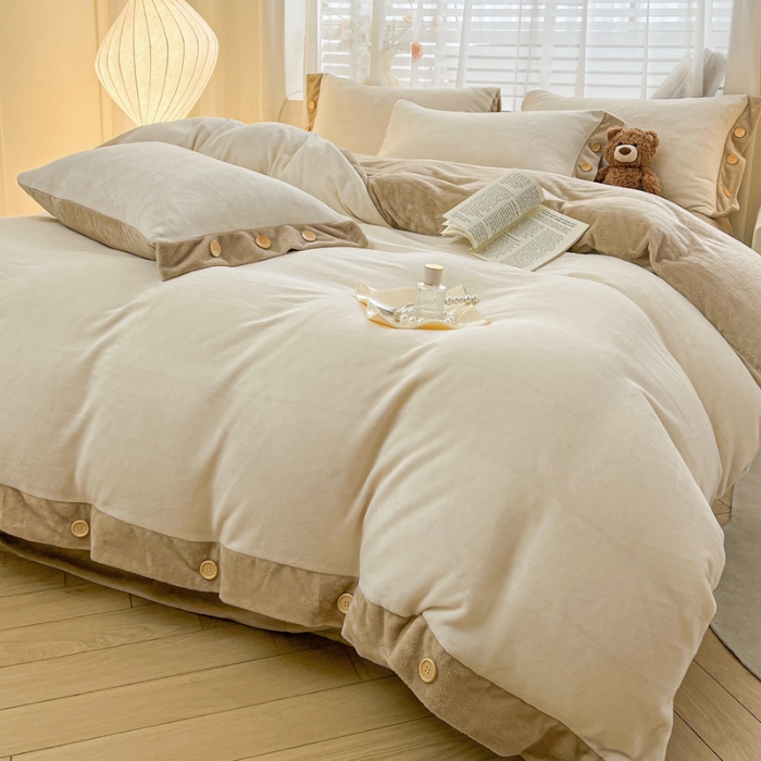91家纺网 家纺一手货源 找家纺 （含买家秀）2025新款纯色双拼牛奶绒四件套纽扣款秋冬加厚保暖床单床笠款床品套件