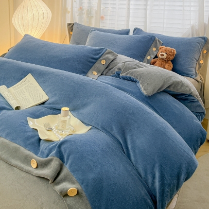 91家纺网 家纺一手货源 找家纺 （含买家秀）2025新款纯色双拼牛奶绒四件套纽扣款秋冬加厚保暖床单床笠款床品套件