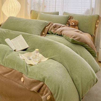 91家纺网 家纺一手货源 找家纺 （含买家秀）2025新款纯色双拼牛奶绒四件套纽扣款秋冬加厚保暖床单床笠款床品套件