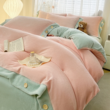 91家纺网 家纺一手货源 找家纺 （含买家秀）2025新款纯色双拼牛奶绒四件套纽扣款秋冬加厚保暖床单床笠款床品套件