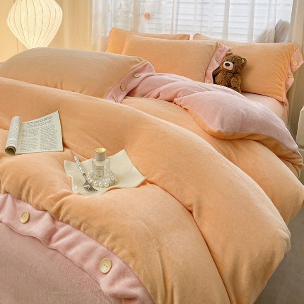 91家纺网 家纺一手货源 找家纺 （含买家秀）2025新款纯色双拼牛奶绒四件套纽扣款秋冬加厚保暖床单床笠款床品套件