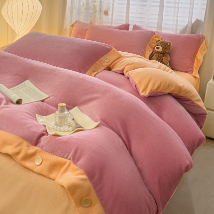91家纺网 家纺一手货源 找家纺 （含买家秀）2025新款纯色双拼牛奶绒四件套纽扣款秋冬加厚保暖床单床笠款床品套件