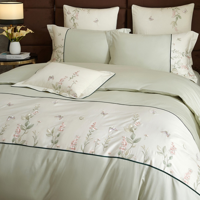 91家纺网 家纺一手货源 找家纺 50S50支长绒棉刺绣四件套专版花型独家特供直播爆款 春日花园绿