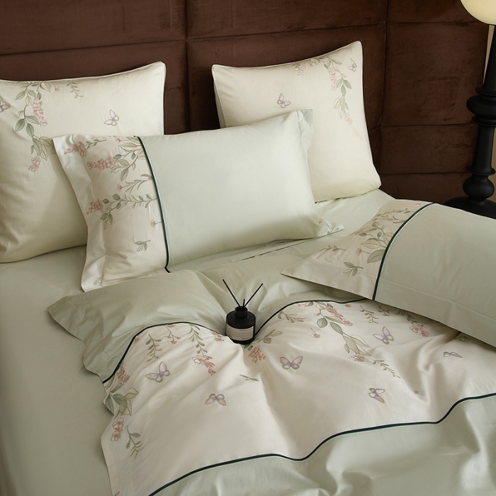 91家纺网 家纺一手货源 找家纺 50S50支长绒棉刺绣四件套专版花型独家特供直播爆款 春日花园绿