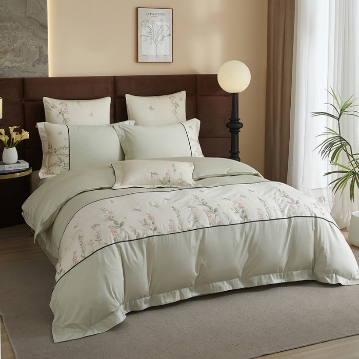 91家纺网 家纺一手货源 找家纺 50S50支长绒棉刺绣四件套专版花型独家特供直播爆款 春日花园绿