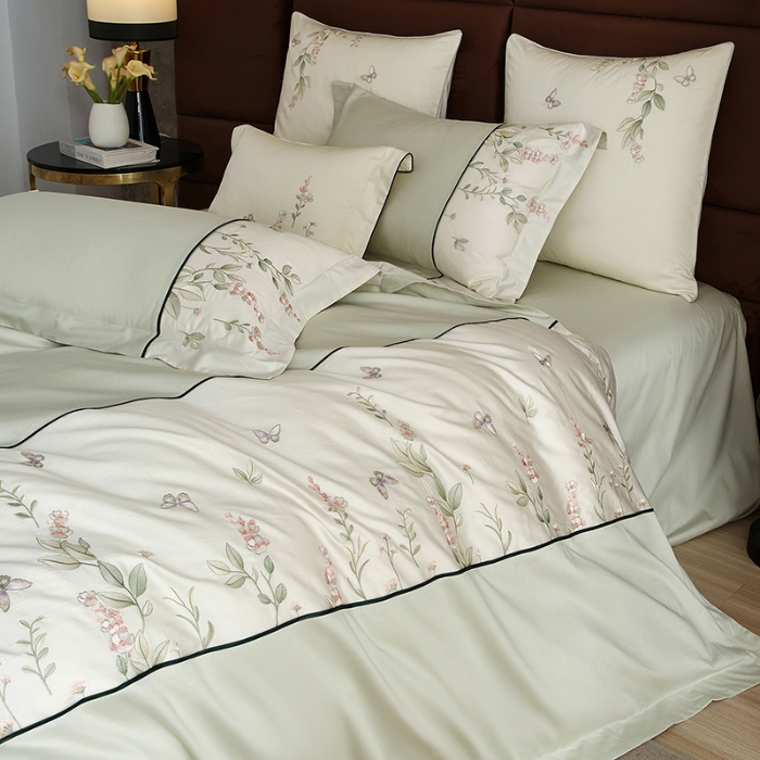 91家纺网 家纺一手货源 找家纺 50S50支长绒棉刺绣四件套专版花型独家特供直播爆款 春日花园绿