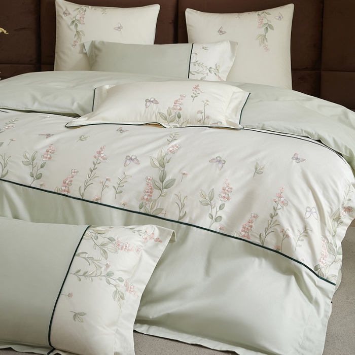 91家纺网 家纺一手货源 找家纺 50S50支长绒棉刺绣四件套专版花型独家特供直播爆款 春日花园绿