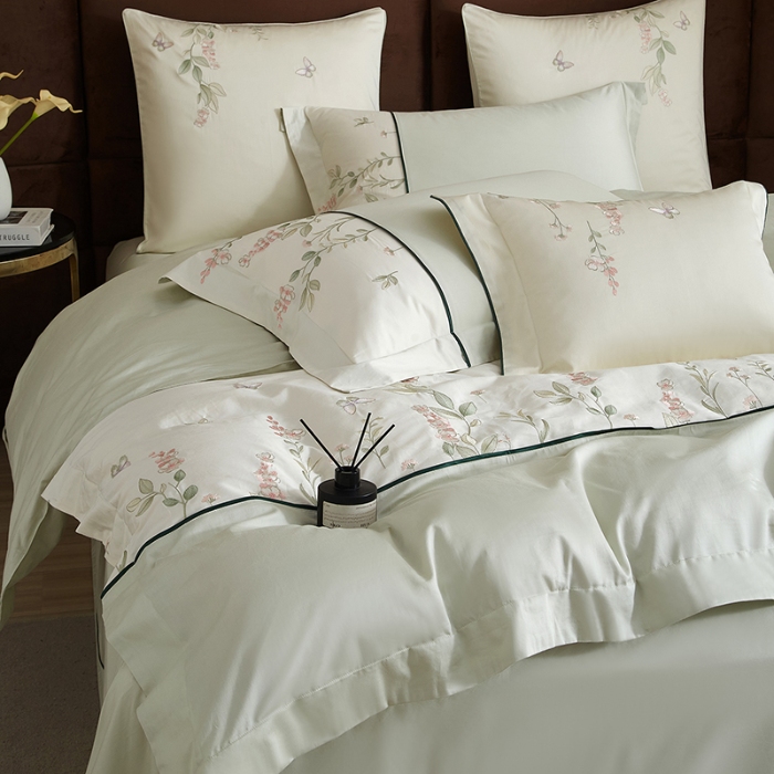 91家纺网 家纺一手货源 找家纺 50S50支长绒棉刺绣四件套专版花型独家特供直播爆款 春日花园绿