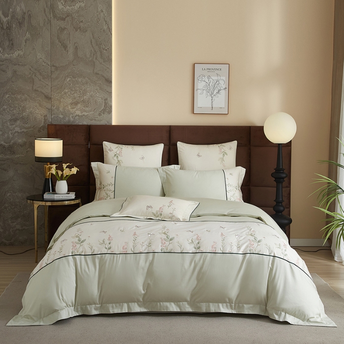 91家纺网 家纺一手货源 找家纺 50S50支长绒棉刺绣四件套专版花型独家特供直播爆款 春日花园绿