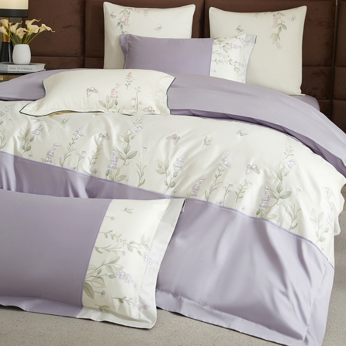 91家纺网 家纺一手货源 找家纺 50S50支长绒棉刺绣四件套专版花型独家特供直播爆款 春日花园紫