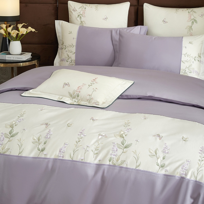 91家纺网 家纺一手货源 找家纺 50S50支长绒棉刺绣四件套专版花型独家特供直播爆款 春日花园紫