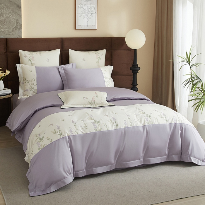 91家纺网 家纺一手货源 找家纺 50S50支长绒棉刺绣四件套专版花型独家特供直播爆款 春日花园紫