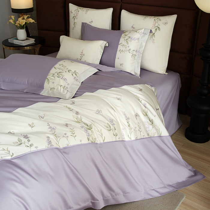 91家纺网 家纺一手货源 找家纺 50S50支长绒棉刺绣四件套专版花型独家特供直播爆款 春日花园紫