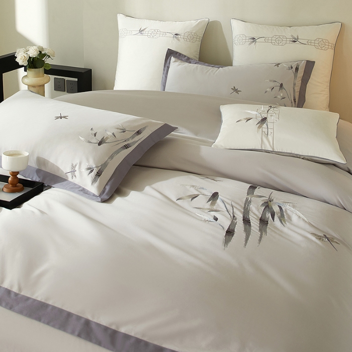 91家纺网 家纺一手货源 找家纺 50S50支长绒棉刺绣四件套专版花型独家特供直播爆款 墨竹灰