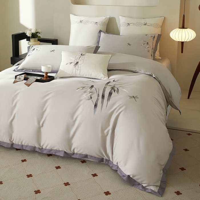 91家纺网 家纺一手货源 找家纺 50S50支长绒棉刺绣四件套专版花型独家特供直播爆款 墨竹灰