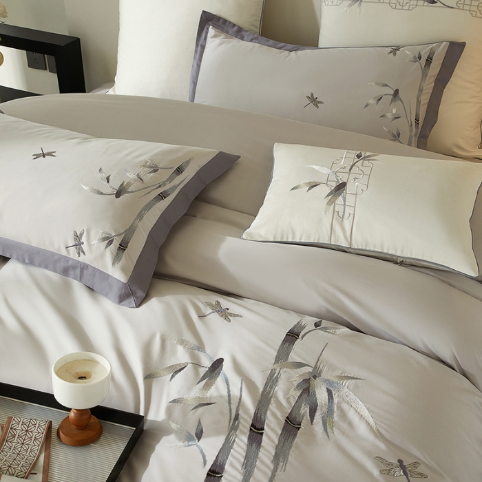 91家纺网 家纺一手货源 找家纺 50S50支长绒棉刺绣四件套专版花型独家特供直播爆款 墨竹灰