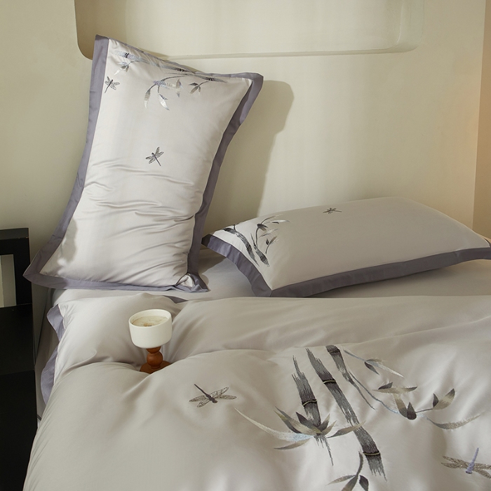 91家纺网 家纺一手货源 找家纺 50S50支长绒棉刺绣四件套专版花型独家特供直播爆款 墨竹灰