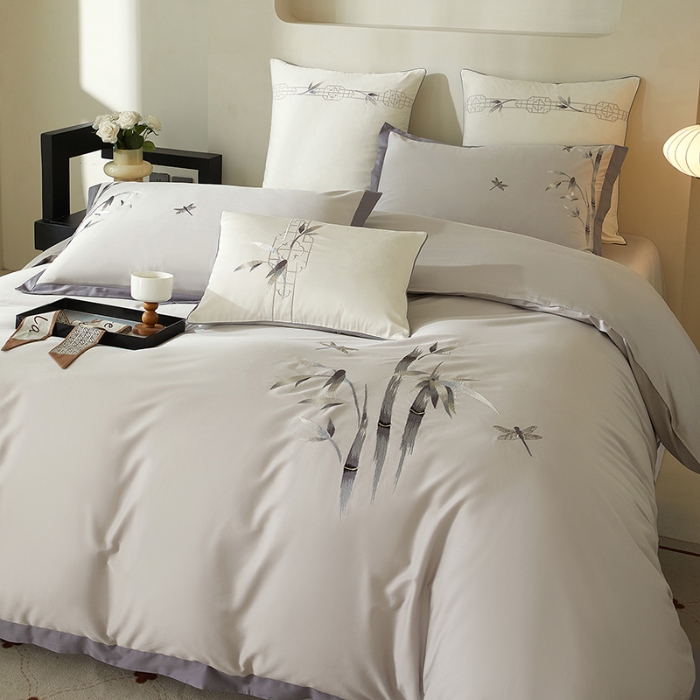 91家纺网 家纺一手货源 找家纺 50S50支长绒棉刺绣四件套专版花型独家特供直播爆款 墨竹灰