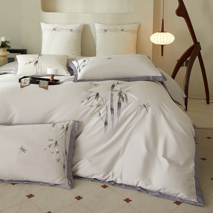 91家纺网 家纺一手货源 找家纺 50S50支长绒棉刺绣四件套专版花型独家特供直播爆款 墨竹灰