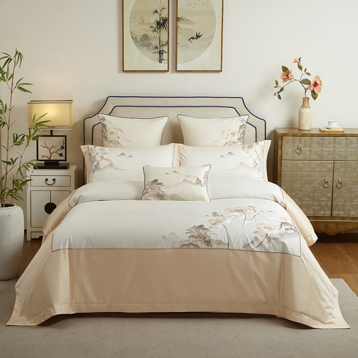 91家纺网 家纺一手货源 找家纺 50S50支长绒棉刺绣四件套专版花型独家特供直播爆款 山水清荷米白