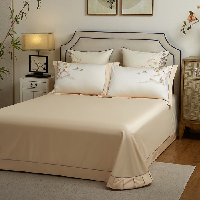 91家纺网 家纺一手货源 找家纺 50S50支长绒棉刺绣四件套专版花型独家特供直播爆款 山水清荷米白