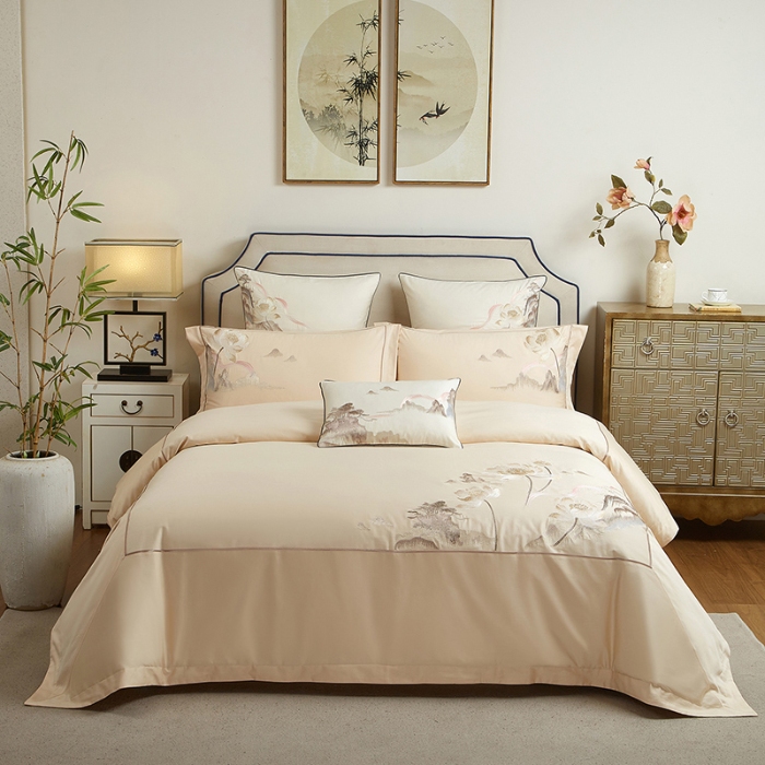 91家纺网 家纺一手货源 找家纺 50S50支长绒棉刺绣四件套专版花型独家特供直播爆款 山水清荷香槟