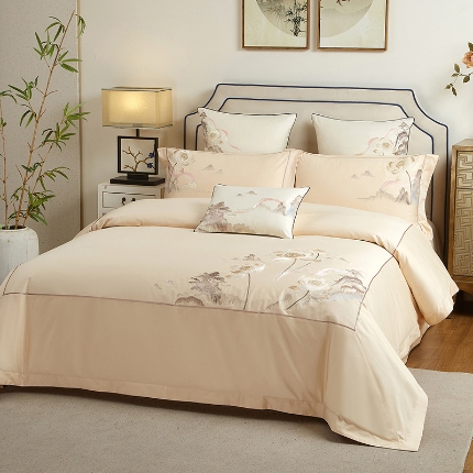 50S50支长绒棉刺绣四件套专版花型独家特供直播爆款 山水清荷香槟