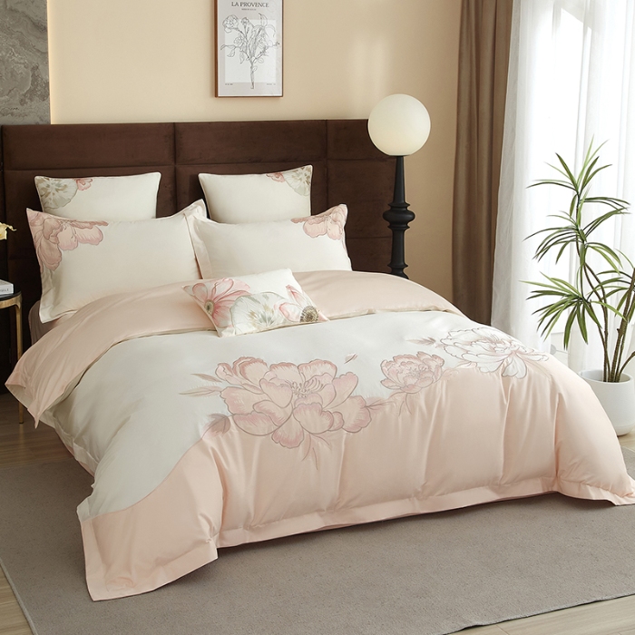 91家纺网 家纺一手货源 找家纺 50S50支长绒棉刺绣四件套专版花型独家特供直播爆款 一见倾心粉