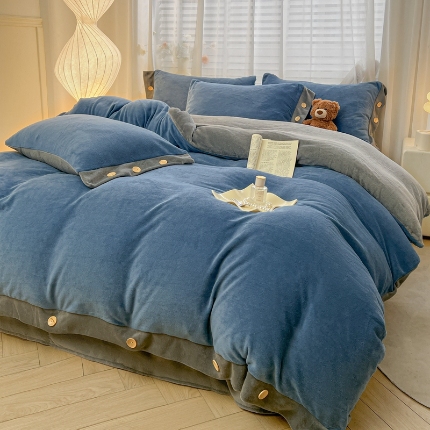 91家纺网 家纺一手货源 找家纺 (含买家秀)2025秋冬新款纯色双拼牛奶绒四件套纽扣款简约纽扣工艺款加厚保暖床单床笠四件套