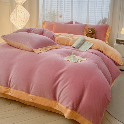 (含买家秀)2025秋冬新款纯色双拼牛奶绒四件套纽扣款简约纽扣工艺款加厚保暖床单床笠四件套
