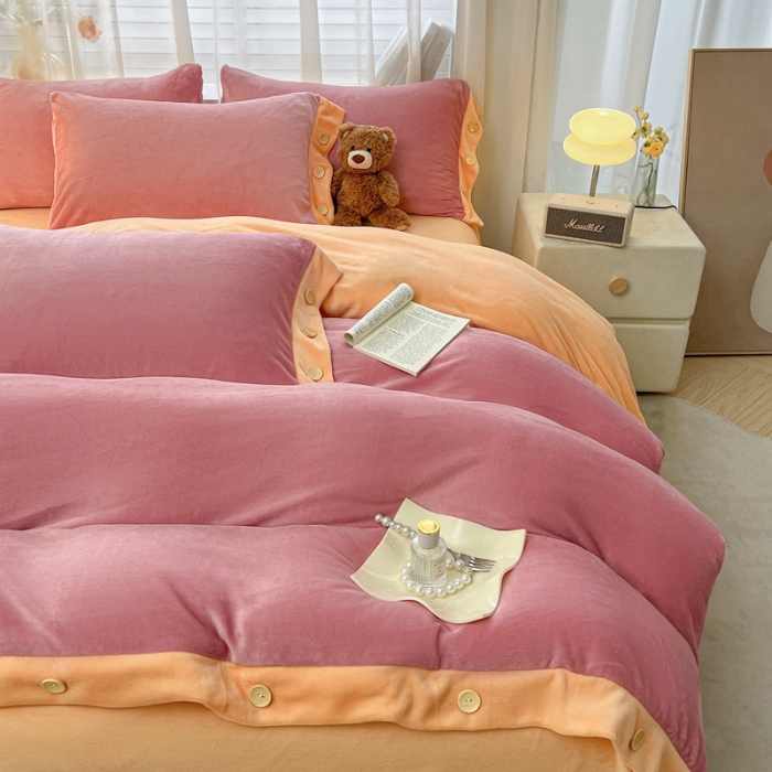 91家纺网 家纺一手货源 找家纺 (含买家秀)2025秋冬新款纯色双拼牛奶绒四件套纽扣款简约纽扣工艺款加厚保暖床单床笠四件套