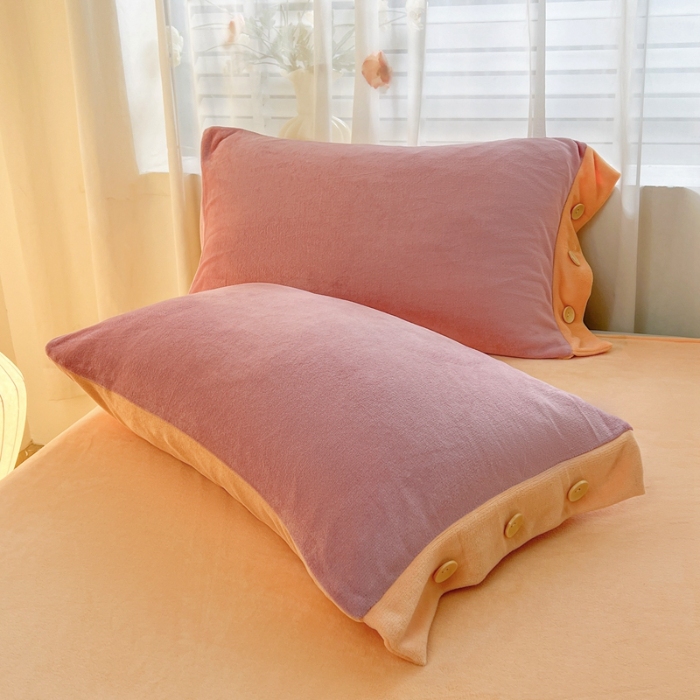 91家纺网 家纺一手货源 找家纺 (含买家秀)2025秋冬新款纯色双拼牛奶绒四件套纽扣款简约纽扣工艺款加厚保暖床单床笠四件套